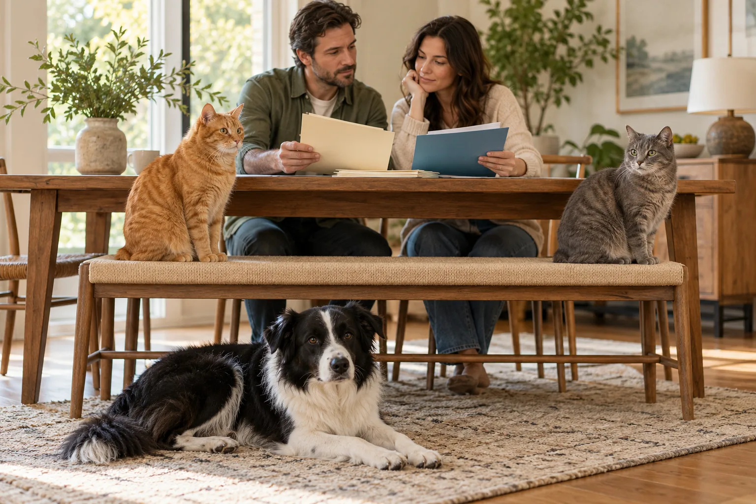 Two adults reviewing folders at a table with dogs and a cat nearby